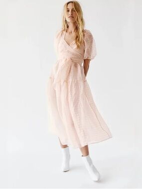 Free People Blush Pink Midi Wrap Dress with Puff Sleeves